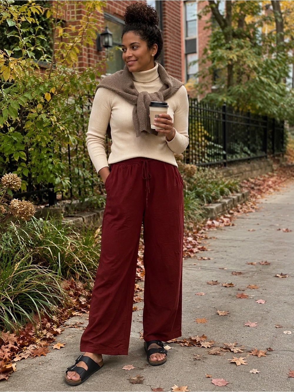H&M Linen Blend Wide Leg Pull On Pants Burgundy Medium Elastic Waist Pockets